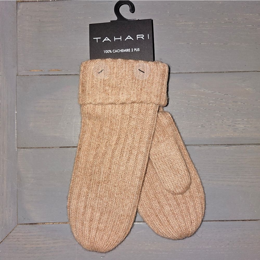 TAHARI Women's 100% to ply Cashmere tan mittens